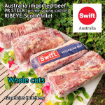 Beef Ribeye AUSTRALIA PR STEER (prime young cattle) AGED by producer brand SWIFT FROZEN steak cuts 3/4 & 1 inch price/kg 3-4pcs (Scotch-Fillet / Cube-Roll)